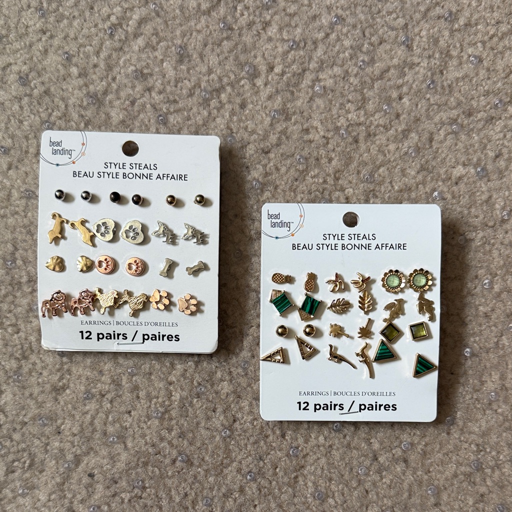Bead Landing Women’s Gold-Tone Stud Earring Set With Green Accents - 12 Pairs